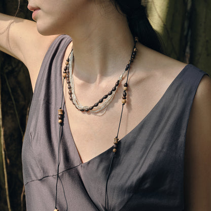 Wooden Beaded Tassel Long Necklace