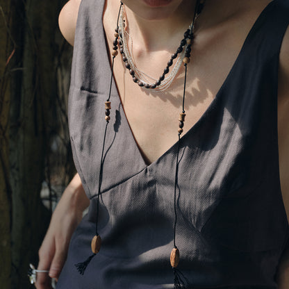 Wooden Beaded Tassel Long Necklace